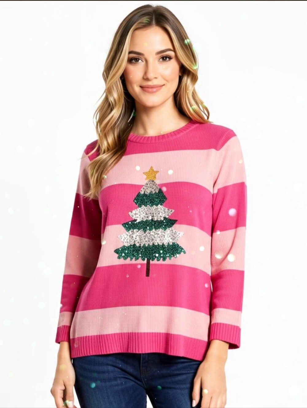 M🎄Festive Ugly Holidays Christmas Pink Striped Sweater Design